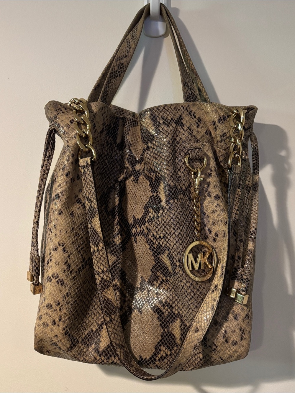 Michael Kors Brown Tan Snake-Print Tote with Gold Hardware